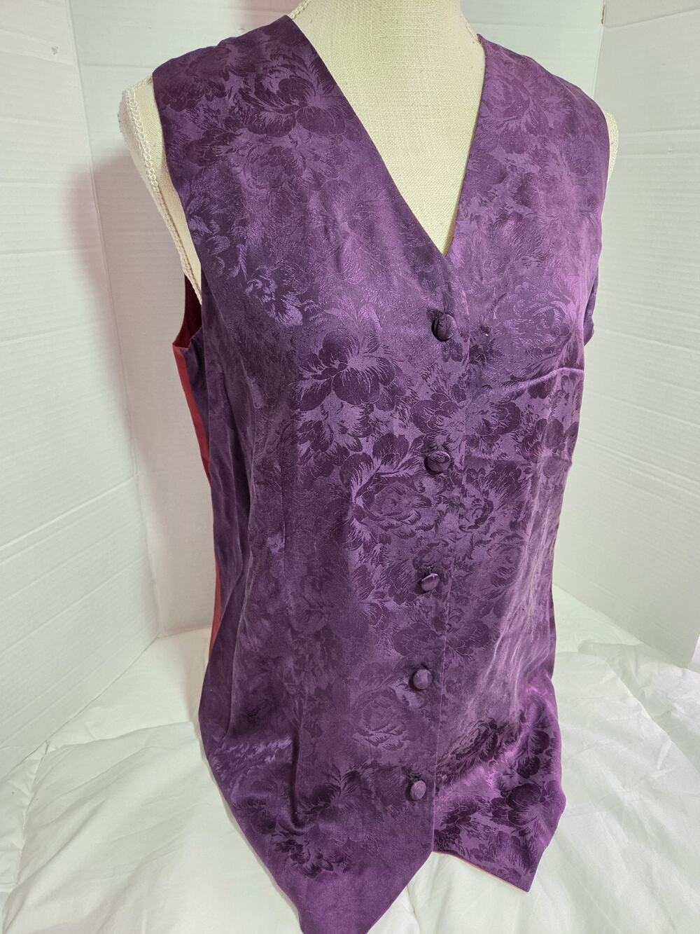 Spencer Jeremy 100% Silk Vest Magenta Button Front Floral Vtg 90's Sz M Boho